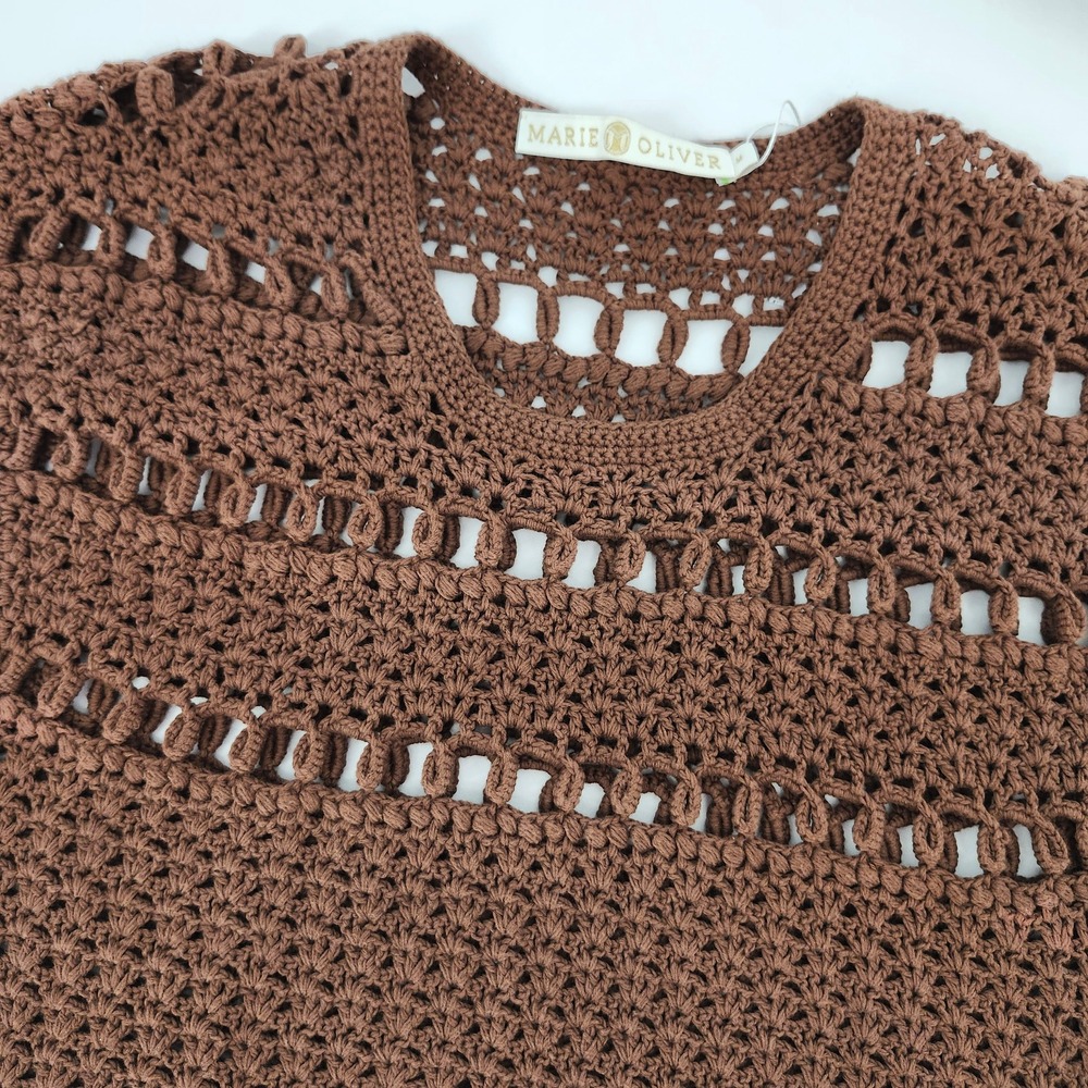 Marie Oliver Womens Boho Indie Crochet Knit Top Size M Brown Fringe Festival